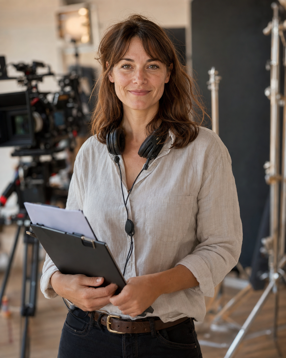 Portrait de Camille Roussel, régisseuse de production, tenant une feuille de service sur un plateau de tournage