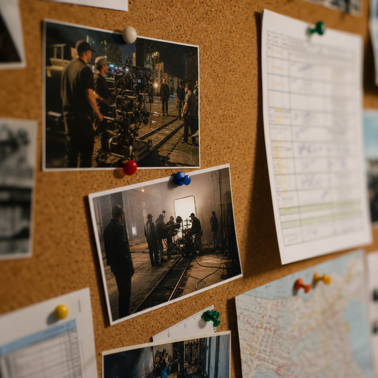 Tableau de service en liège épinglé de photos de plateau et feuilles de route pour la coordination de tournage