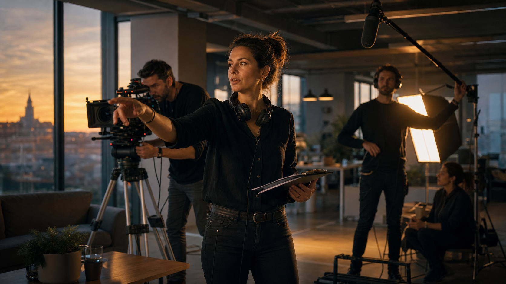 Plateau de tournage avec équipe caméra et régisseuse tenant une feuille de service