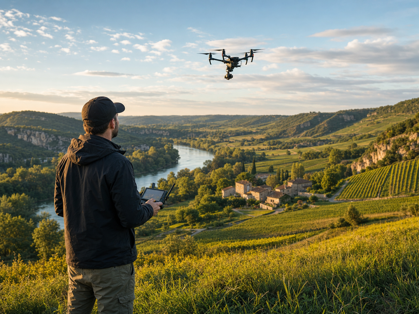 Pilote de drone capturant des images aériennes d'un paysage pour une production vidéo
