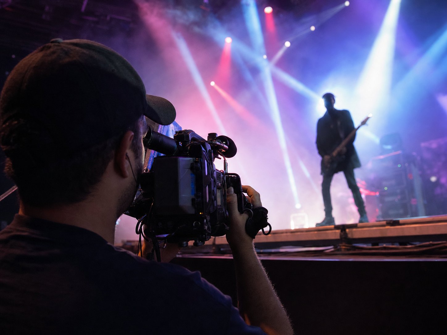 Caméraman filmant un concert ou événement live avec de multiples éclairages scéniques