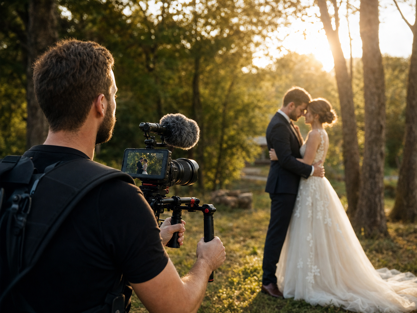 Vidéaste filmant une cérémonie de mariage en extérieur au coucher du soleil
