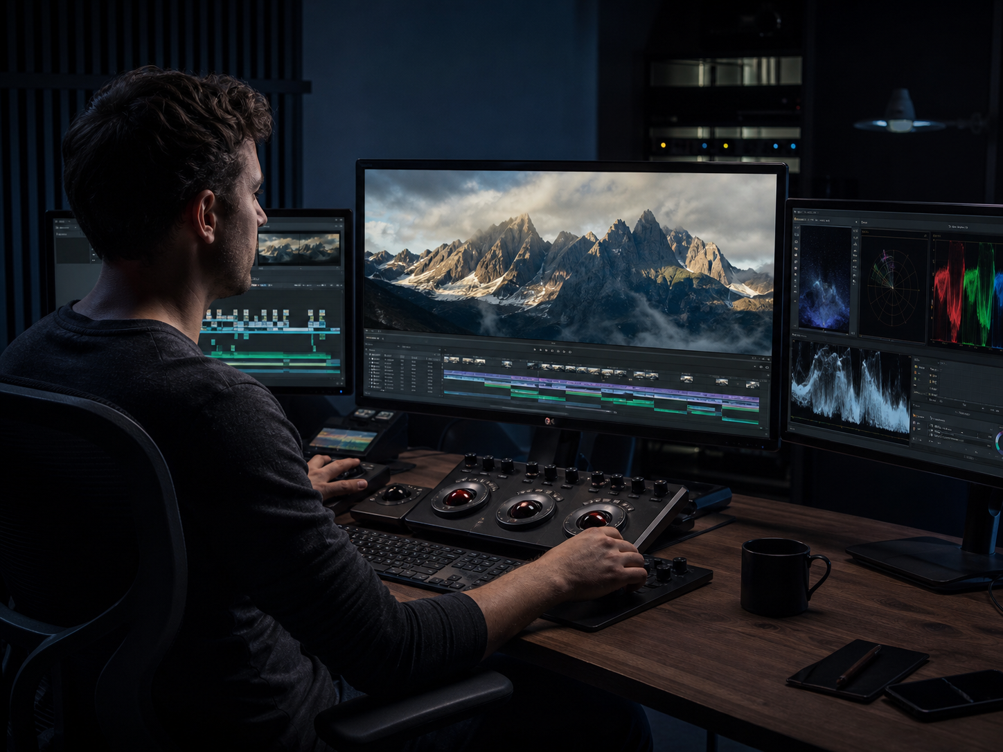 Monteur vidéo travaillant sur une table de montage avec plusieurs écrans affichant un étalonnage colorimétrique