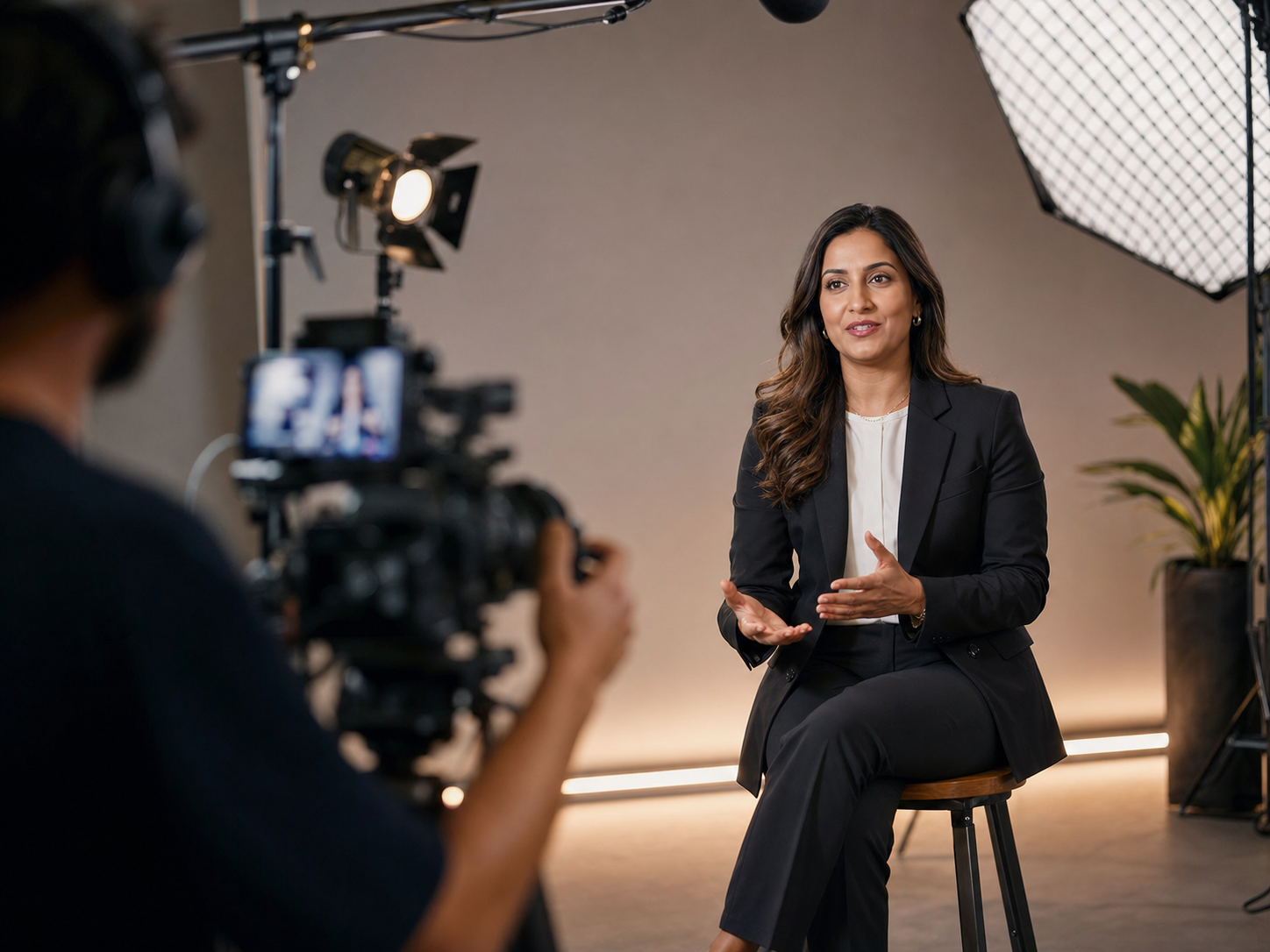 Équipe de tournage filmant une interview corporate en studio avec éclairage professionnel
